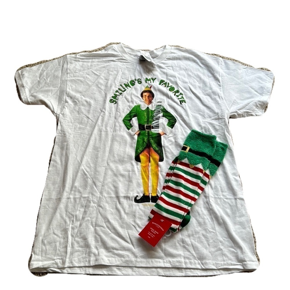 Elf set: NWT L white Gildan Elf tshirt and knee high elf socks